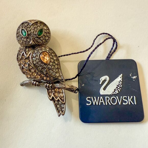 Swarovski Pave Crystal Rhinestone Wood Owl Brooch - Picture 2 of 4